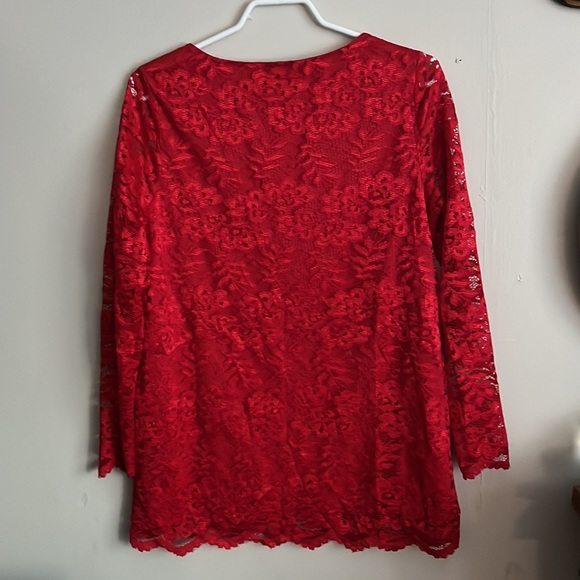 3/$40 Size Medium Lily Morgan Red Lace Overlay long sleeve Blouse - Picture 2 of 6